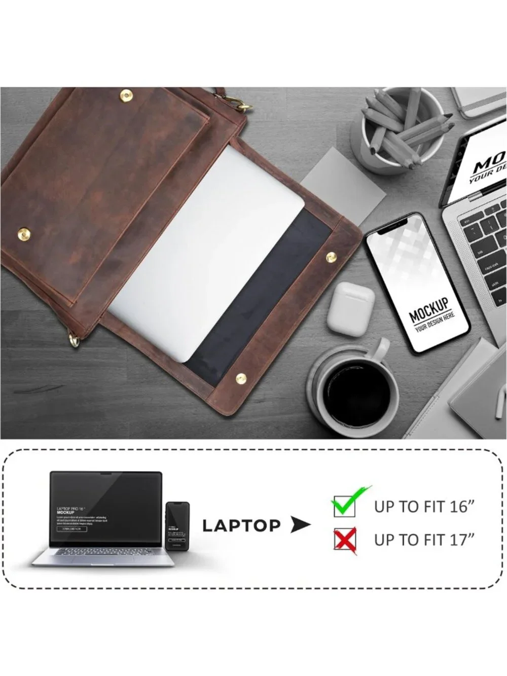 Stylish Leather Laptop Messenger Bag - Unisex Briefcase with Adjustable Strap